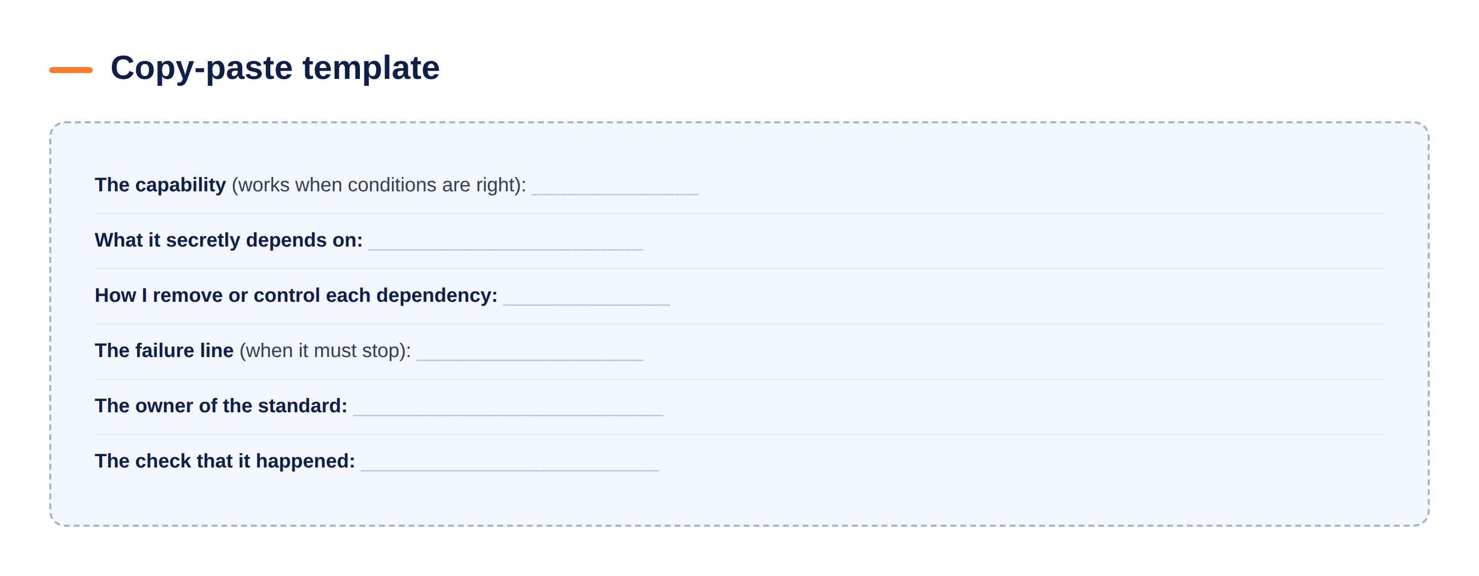 Copy-paste template: the capability, what it secretly depends on, how I remove or control each dependency, the failure line, the owner of the standard, the check that it happened